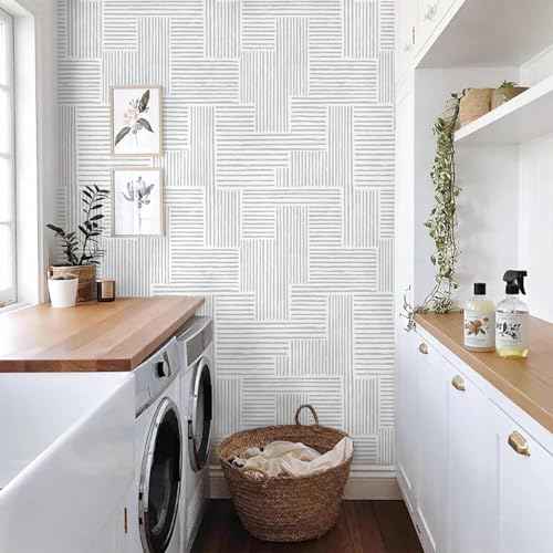 Naphite Grey Modern Peel and Stick Wallpaper Boho Striped Line Contact Paper for Cabinets Drawers Geometric Self Adhesive Removable Wallpaper for Bedroom Bathroom Waterproof Wall Decor 17.3inW 78.7inL