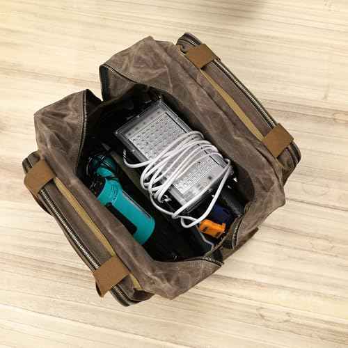 Kaaltisy 16oz Waxed Canvas Tool Bag ? Robust Zipper Garden Tools Tote with 3 Compartments & Padded Handle (Grey) ? Tool Organizer for Gardening Wire Cutters Goggles