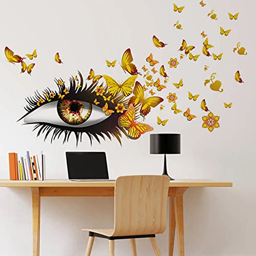 Creative Beautiful Girl Eyes Wall Sticker, Flying Butterfly Wall Decals, Girl Long Eyelashes Heart D?cor, DIY Art Vinyl Mural for Couple Lovers Girls Bedroom Living Room Decoration(Yellow)