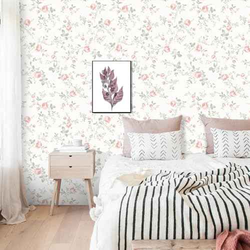 Floral Peel and Stick Wallpaper Boho Flower and Leaf Contact Paper Removable Self Adhesive Waterproof Wall Paper for Decorative Bedroom Bathroom Home Wall Furniture Decal 17.32inW 118.11inL