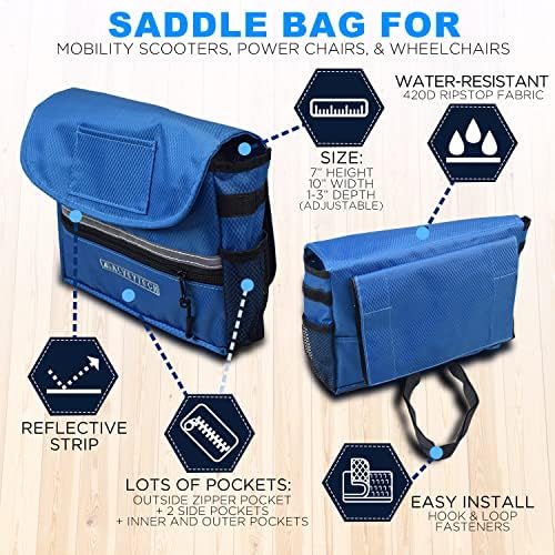 AlveyTech Saddle Bag for Mobility Scooter, Wheelchair, & Electric Power Chair (Small, Blue) - Accessories Holder Armrest Side Pouch Storage Organizer Bags for Adults, Water-Resistant, Easy Install