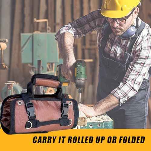 Tool Bag Roll up, Heavy Duty Tool Bag Organizer, Tool bags for Men Women, Portable Tool bag with shoulder strap, Small Carrier Bag for Electrician Mechanic, Father Day Dad Gifts, Gifts for Men, Brown