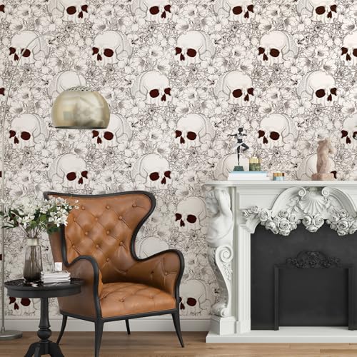 Gothic Wallpaper Skulls Ferns Peel and Stick Wallpaper Beige Brown Halloween Contact Paper for Bedroom Bathroom Living Room Cabinets 17.5"x102" Removable Waterproof Skulls Art Decor Mural