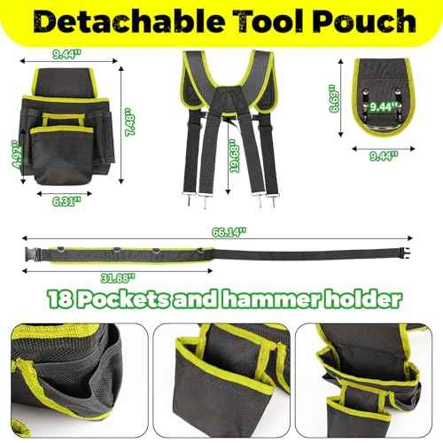 Tool Belt,Professional Tool Belts for Men with Suspenders,18 Pockets Heavy Duty Tool Pouch,Heavy Duty Detachable Adjustable Utility Belt Work Bags for Electrician,Carpenter (Yellow, Large)
