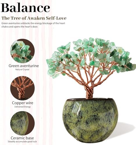Runyangshi Crystal Tree of Life - Natural Green Aventurine Gemstone Tree, Handcrafted with 216 Crystal Gravel, for Feng Shui, Luck, Prosperity, Abundance, Home Decor, Spiritual Gift for Women