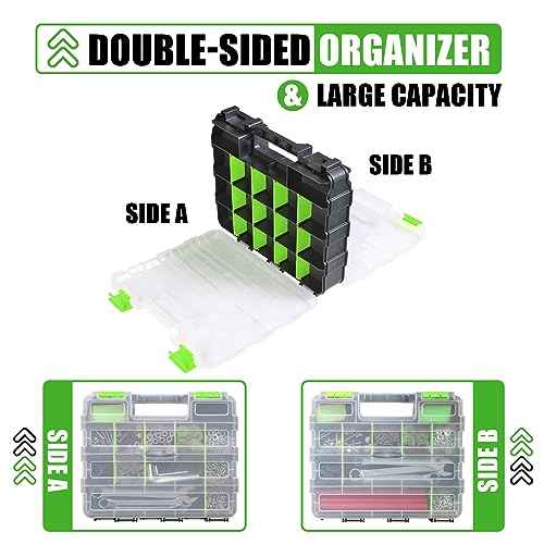 Generic Tool Box with Transparent Lid, Double Side 34-Compartments Organizer Box with Removable Dividers for Hardware, Screws, Bolts, Nails, Beads, Jewelry and Fishing Accessories, Green, 2 Packs