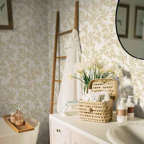 Ismoon Floral Peel and Stick Wallpaper Vintage Beige Contact Paper White Gold Stick on Wallpaper Textured Removable Self Adhesive Wall Paper for Bedroom Vinyl 17.3x78.7in