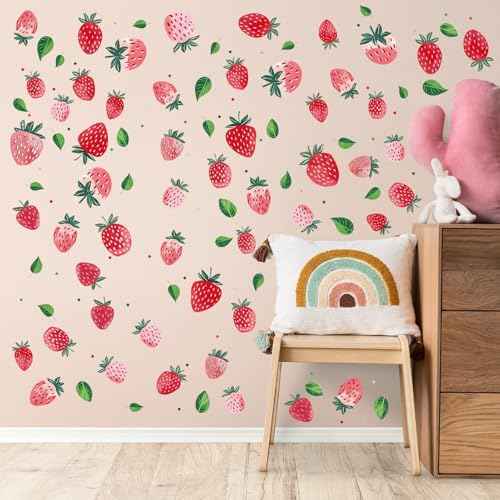 8 Sheet Strawberry Wall Decal, Peel and Stick Strawberry Wall Sticker for Kids Room Dining Room Kitchen