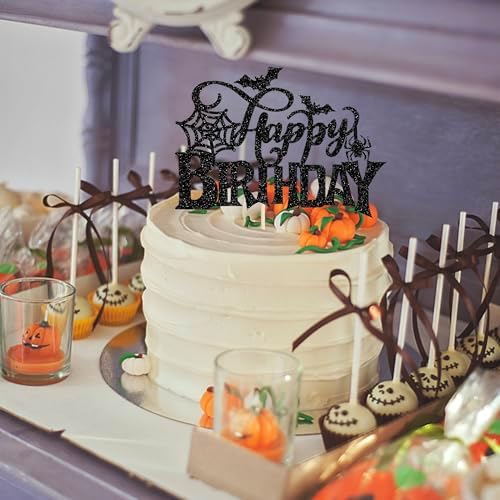 1 PCS Halloween Happy Birthday Cake Topper Black Glitter Spider Web Bat Cake Pick Halloween Party Decorations for Baby Shower Kids Birthday Party Cake Decorations Supplies