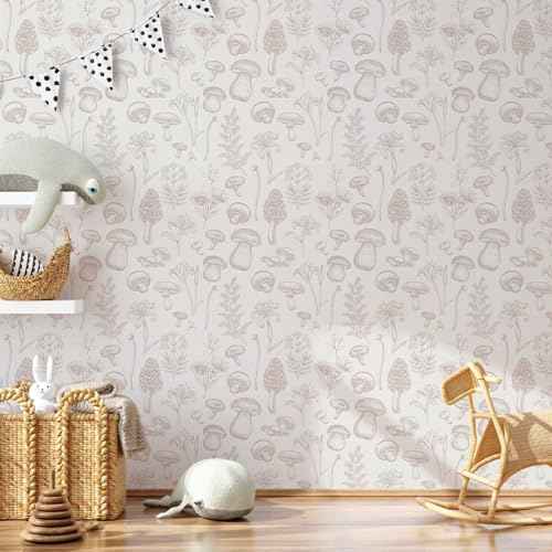 Mushroom Wallpaper, Floral Peel and Stick Wall Paper Removable Contact Paper for Bathroom Bedroom Cabinets, 17.3"¡¿78.7", Beige