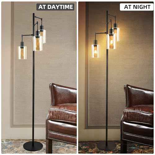 Farmhouse Floor Lamp for Living Room Bedroom, 3-Lights Floor Lamp with On/Off Foot Switch, Tall Pole Tree Standing Lamp Oil Rubbed Bronze with Amber Glass Shade, LED 3 Bulbs Included