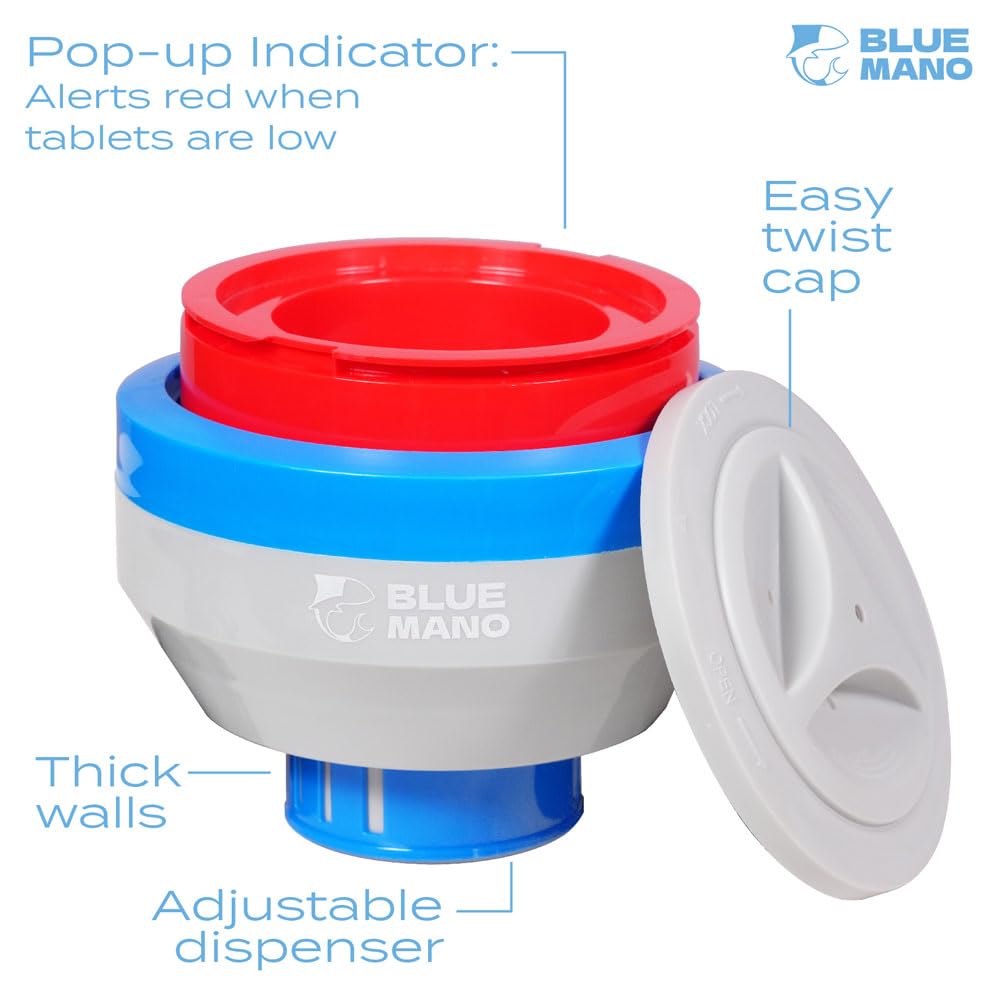 Blue Mano Chlorine Floater (V2.0 Upgraded) for 3 inch Tabs with Refill Warning, Durable Design, 7 inch Large Dispenser for Inground and Above Ground Swimming Pool