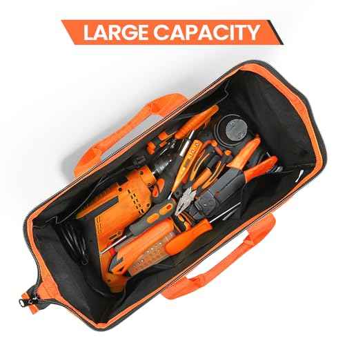 Wide Mouth Tool Bag, Heavy Duty Tool Bags for Men, 12-Pocket Portable Empty Tool Box Organizer Storage for Mechanic, Electrician, 17.3 inch, 600D Oxford, Orange