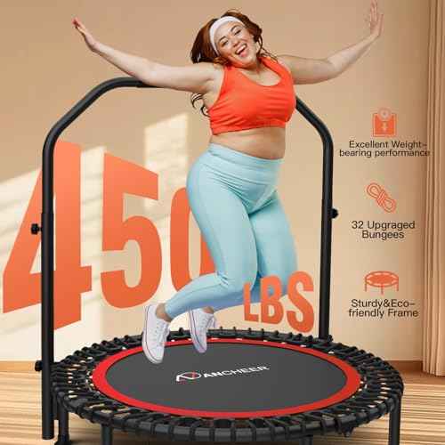 Bungee Rebounder Trampoline,ANCHEER 40/48" Foldable Fitness Trampoline with 4 Level Adjustable Handlebar, 450-550LBS Capacity, Resistance Ropes&Upgraded Bungees Safe for Home/Cardio,Indoor/Outdoor