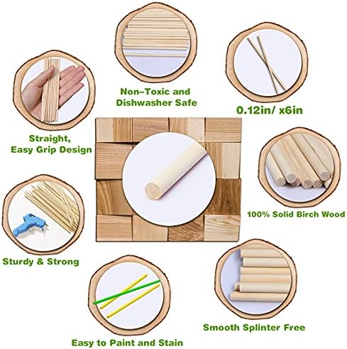 Wooden Dowel Rods, 200PCS 1/8 x 6 Inch Round Wooden Sticks for Arts Crafts, Home Decor, Cake Support, Photo Booth Props, Unfinished Natural Hardwood Sticks
