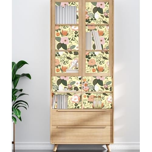 Danodoi Yellow Floral Peel and Stick Wallpaper Vintage Blue Contact Paper Pink Flower Wall Mural Home Vinyl Waterproof Self Adhesive Removable Renter Friendly Wall Paper 17.5" x 118"