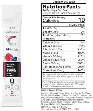 CELSIUS On-The-Go Powder Stick Packs, Zero Sugar (14 Sticks per Pack), Berry, 2.5 Ounce
