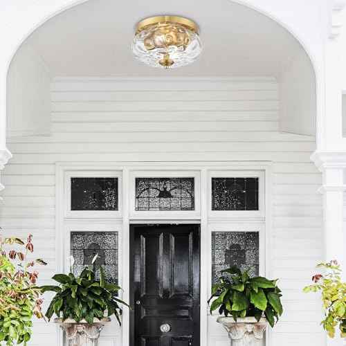 Darkaway Ceiling Light Fixtures Flush Mount Indoor Outdoor Ceiling Light with Water Ripple Glass Shade for Hallway Kitchen Bedroom Porch Living Room Gold Finish