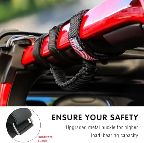 HZEL 2PCS Roll Bar Grab Handles, Oxford Cloth Upgrade Metal Buckle Paracord Grip Handles, Durable and Strong Car Accessories, Compatible with Wrangler JL, JLU, JT, JK, JKU, TJ, LJ and YJ (Black)