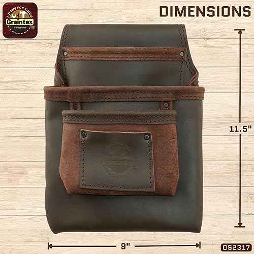 Graintex OS2317 3 Pocket Nail & Tool Pouch Top Grain Oil Tanned Leather for Framers, Constructors, Electricians, Plumbers, Handyman Brown