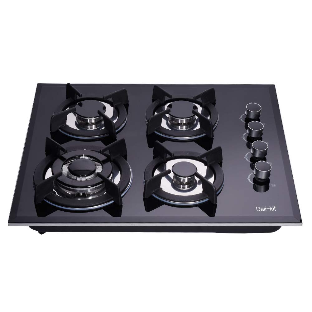 Deli-kit® 24 Inch Gas Cooktop Dual Fuel Sealed 4 Burners Tempered Glass Gas Cooktop Drop-in Gas Hob DK145-B01S Gas Cooker