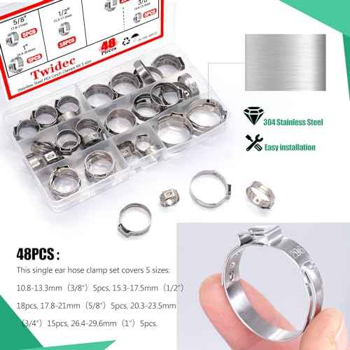 Twidec/48PCS 3/8",1/2",3/4",5/8",1" PEX Cinch Clamps Kit 5 size,Stainless Steel Pex Crimp Rings,Single Ear Hose Clamps For Pex Pipe Fitting Connections N-058-48PCS
