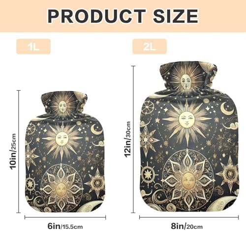 Sun Moon and Stars Hot Water Bottle with Velvet Cover Hot Water Bag for Neck and Shoulder Pain Relief, 1 Liters