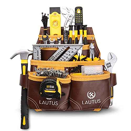 LAUTUS Oil Tanned Leather Tool Nail Pouch Bag |Cherry | Carpenter, Construction, Framers, Handyman | 5 Pockets, 2 Snap Loops | 100% Leather