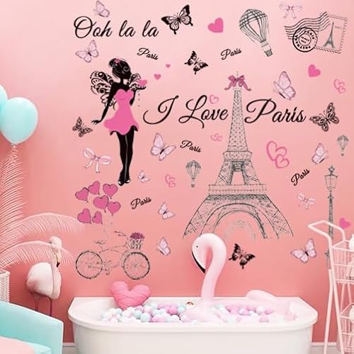 Paris Wall Decal Vinyl Eiffel Tower Wall Sticker Bicycle Hot Air Ballon Wall Decor for Girl Women Bedroom Living Room