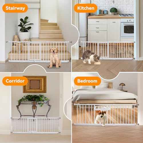10" Height Short Dog Gate Adjustable18-48" Extra Wide Dog Gate with Small Cat Door,Pet Gate with 4 Extension Kits Pressure Mounted for Doorways & Stairs (White, 10" Height)