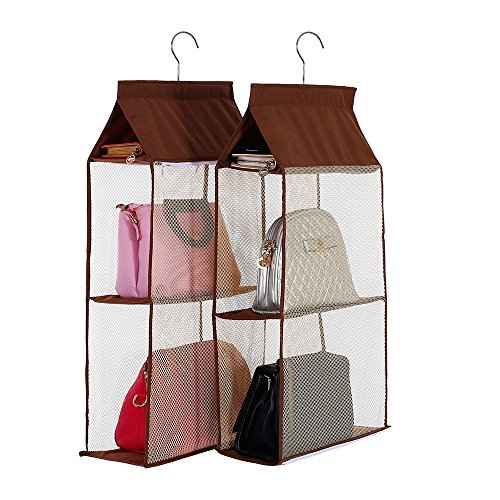 Detachable 4 Compartment Pouch Hanging Handbag Organizer Clear Purse Bag Storage Holder Wardrobe Closet Space Saving Organizers System for Living Room Bedroom(Pack of 2 Brown)