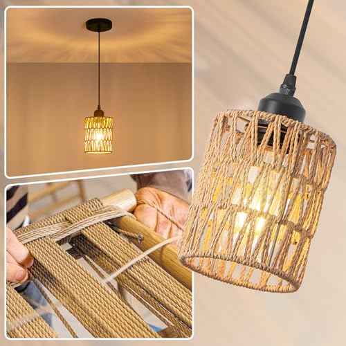 3 Pack Rattan Chandelier Pendant Lights Kitchen Island,Farmhouse Boho Chandeliers Adjustable Height Hanging lamp for Dining Room,Kitchen Ceiling Light Fixtures with Hand Woven Wicker Lampshade