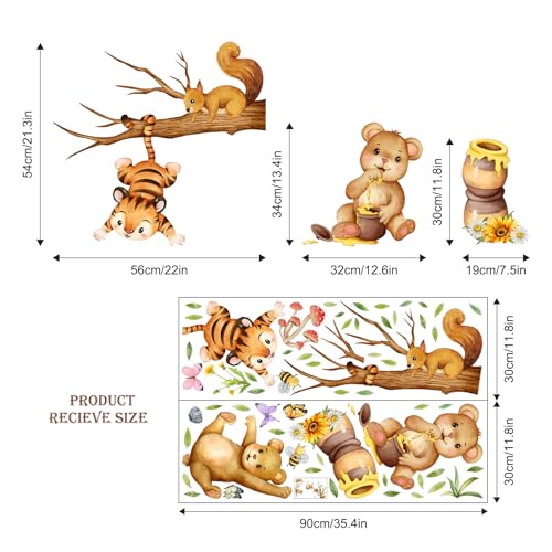 Supzone Woodland Bear Wall Stickers - Cute Animal Tree Branch Wall Decals, Tiger Bear Squirrel Swinging for Honey Wall Decor for Kids Baby Nursery Playroom Living Room Bedroom