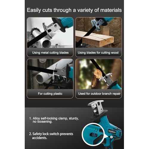 Cordless Reciprocating Saw, Battery x2, Reciprocating Saw Cordless, Variable Speed, Blades Kit for Metal/Wood/PVC Cutting, Blue