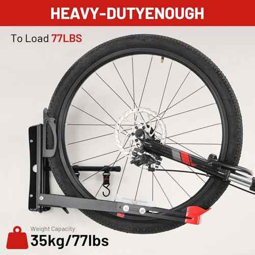Bike Wall Mount Rack Adjustable & Foldable Garage Bike Rack with Swivel Design & 2 Storage Hooks, Fits 20"-29" Bikes, Holds Up to 77 lbs, Easy Install & Space-Saving Bike Storage 1 Pack