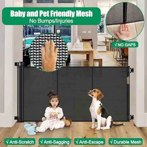 Reinforced 50" Wide Retractable Baby Gate Retractable Dog Gate with Support Rods - Anti-Bottom Crawl, Mesh Gate Retractable Gate Outdoor Retractable Pet Gate Indoor Doorway/Hallway/Stair Gate, Black