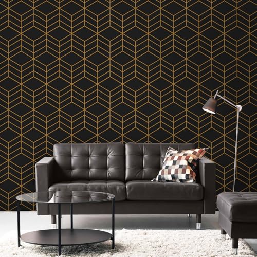 LiKiLiKi Black and Gold Peel and Stick Wallpaper - Modern Geometric, 17.3''118'' Self Adhesive, Removable Decorative Vinyl for Drawer, Shelf, Cabinets