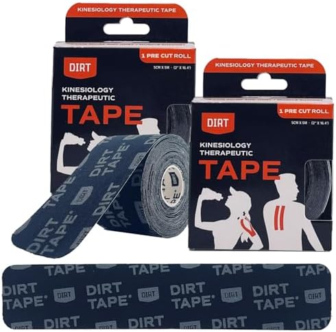 DIRT Tape-Pre Cut Athletic Kinesiology Tape-Muscle Pain Relief & Joint Support-Premium Elastic Cotton-Latex-Free-Water Resistant-Gym, Indoor & Outdoor Sports-2 Rolls (16.4 ft)-Black w/Logo