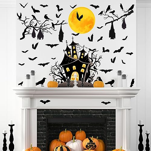 Halloween Moon Bat Wall Stickers Crow Tree Branch Decals Removable Large Halloween Castle House Bat Wall Stickers Peel and Stick Black Crows Raven Bats Decoration Party Supplies