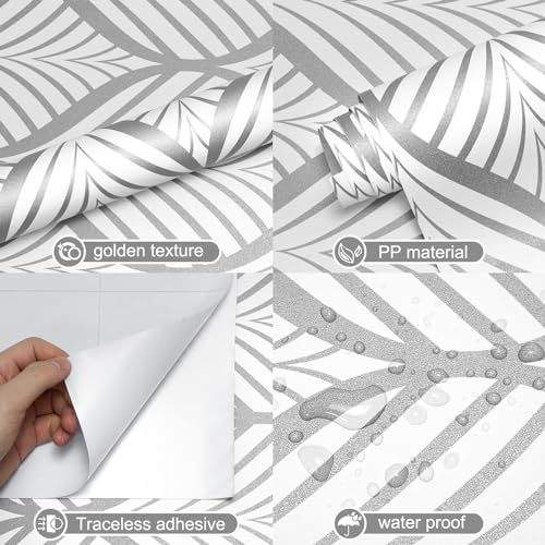 Amiya Silver Gray Peel and Stick Wallpaper Modern Boho Removable Vinyl Contact Paper Leaf Self Adhesive Bathroom Wallpaper for Cabinets 17.5" x 120" Renter Friendly