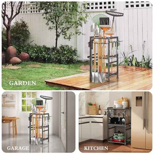 Garden Tool Organizer Storage Metal Yard Tool Organizer Heavy Duty Garden Tool Rack Stand with Extra Hooks, Up To 35 Long Handled Shovels/Rakes/Brooms Holder for Garage,Shed,Outdoor(Black)