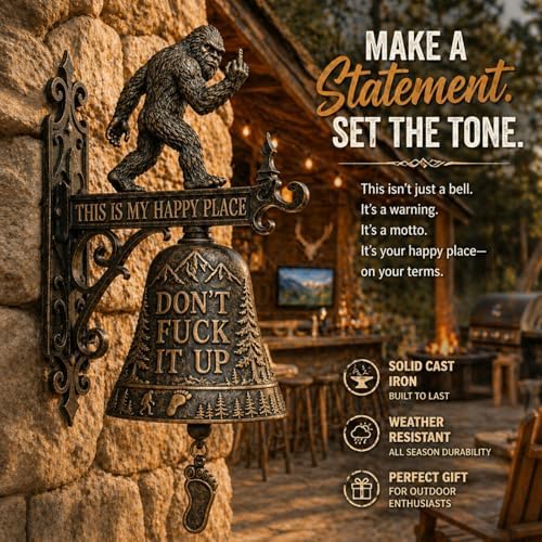 Bigfoot Funny Wall Bell, This is My Happy Place Rustic Bigfoot Doorbell Decor, “Don’t Fuck It Up” Bigfoot Doorbell,Funny Bell for Man Cave Garden Outdoor Wall Decor (#A)