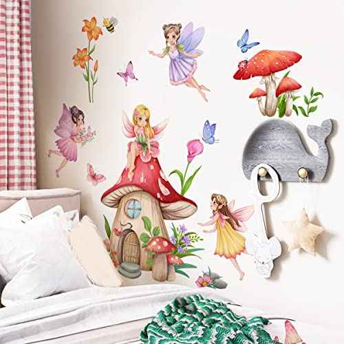 Fairy Girls Wall Decals Mushroom with Flowers Butterfly Wall Stickers for Baby Nursery Girls Bedroom Wall Decor