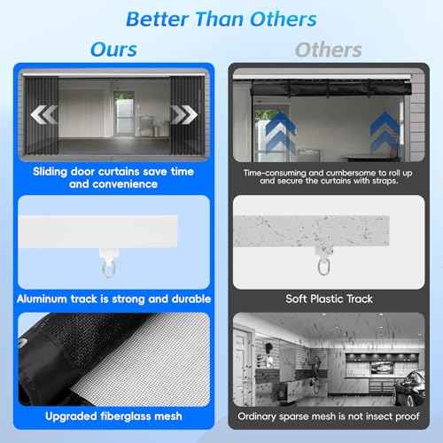 Sliding Garage Door Screen with Track for 2 Car,16 * 7 FT Garage Screen Door Retractable Privacy Garage Door Curtain Keep Annoying Animals Out,Heavy Duty Fiberglass Mesh Sliding Garage Screen