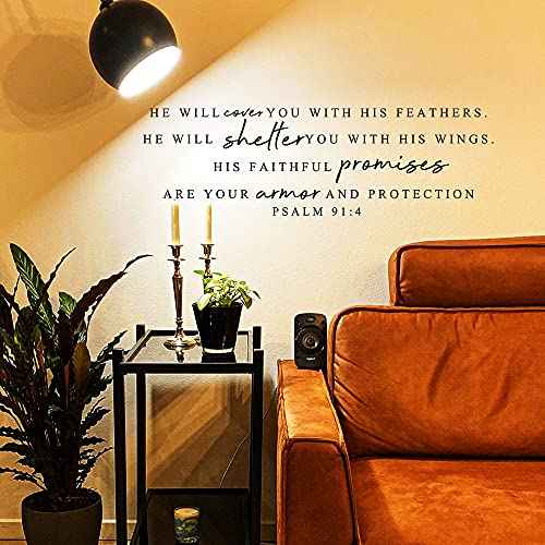 Scripture Wall Decal Stickers, Christian Bible Verse Quotes Vinyl Scripture Decal (27''¡¿10'') - He Will Cover You, Shelter You with His Faithful Promises- Psalm 91:4, for Bedroom, Living Room