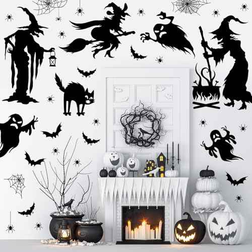 Cholemy Halloween Wall Decals - 4 Sheets, 35.4 x 11.8 Inch Large Witch Spider Bat Pumpkin Stickers, Removable Clings for Home Party Decor Supplies