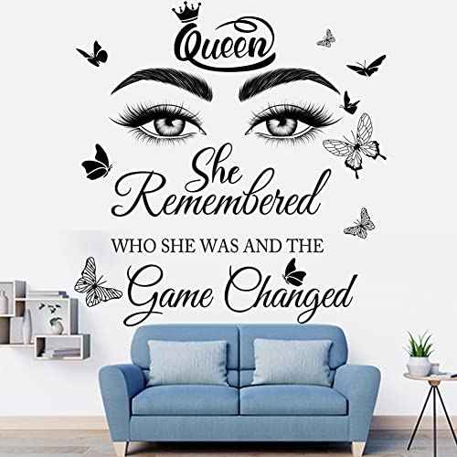 Inspirational Quotes Wall Decals Eyelash Eyes Wall Stickers Positive Lettering Saying Queen She Remembered Who She Was and the Game Changed Wall Art Sticker for Women Girls Bedroom Living Room Decor