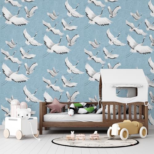 Peel and Stick Wallpaper for Home Decoration Kitchen White Crane Blue Wallpaper Removable Vinyl Self Adhesive Shelf Paper & Drawer Liner Roll House, Workshop & Office 17.3" x 79" TH8096-2