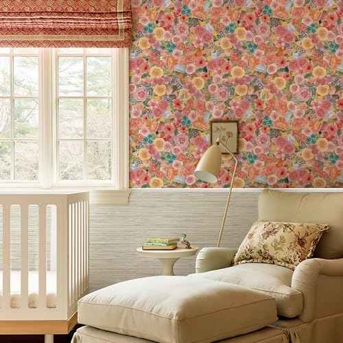 Simon&Siff Floral Peel and Stick Wallpaper 17.3"x80" Pink Watercolor Flowers Wall Murals Removable Wall Paper for Bedroom Bathroom Cabinet Renter Friendly