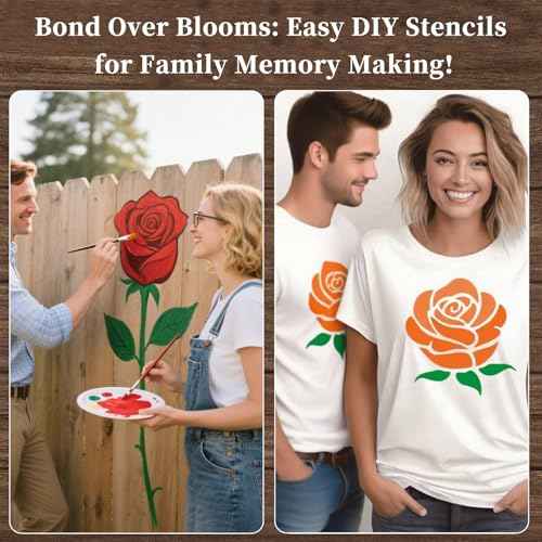 9pcs Large Rose Stencil 12X12Inch - Reusable & Easy Clean Giant Rose Template with Instructions for Walls, Wood, Fence, Fabric & More (Rose)